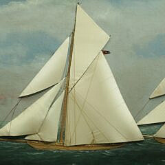 Thomas Willis Silk Embroidery on Painted Canvas “Two Sloops on Choppy Seas”