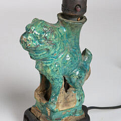 Pair of Antique Chinese Green Glazed Terra Cotta Foo Dog Lamps on Teak Bases