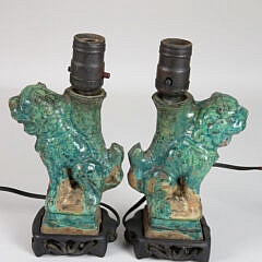 Pair of Antique Chinese Green Glazed Terra Cotta Foo Dog Lamps on Teak Bases