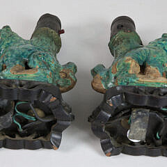 Pair of Antique Chinese Green Glazed Terra Cotta Foo Dog Lamps on Teak Bases