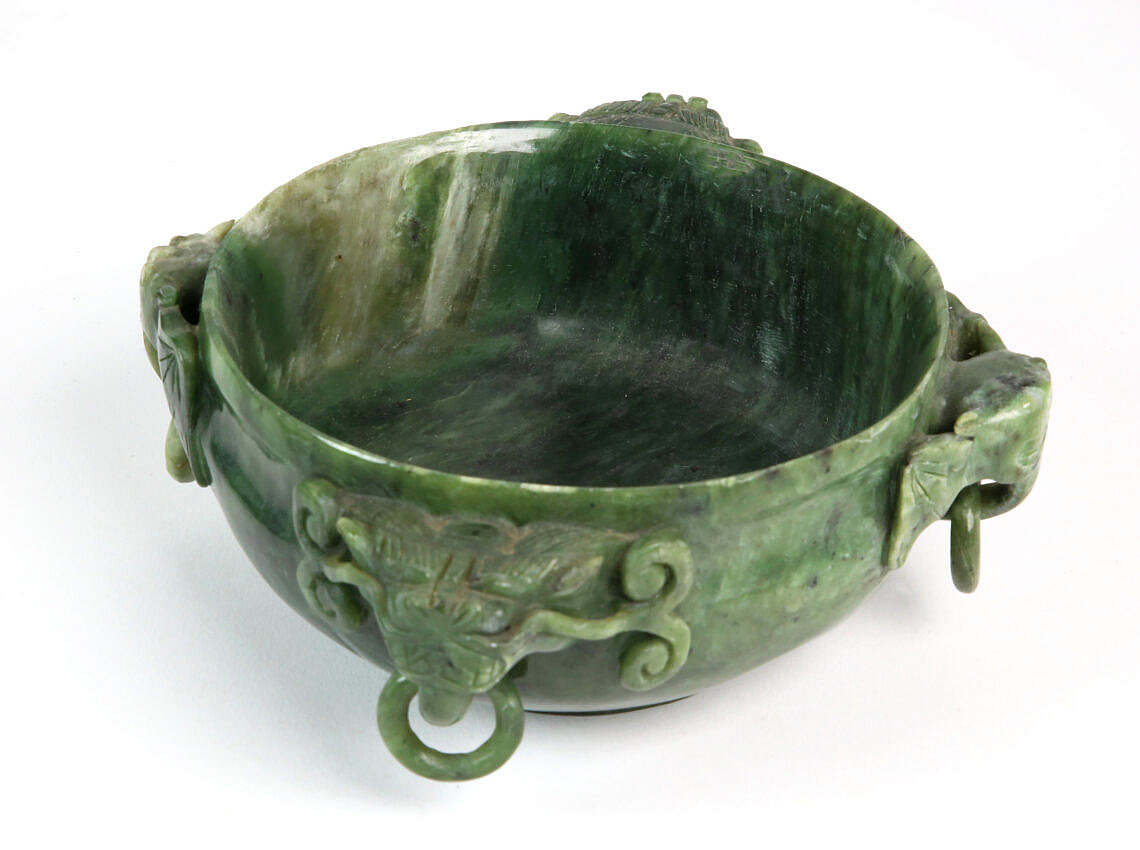 Chinese Large Carved Spinach Green Jade Bowl Chinese Large Carved