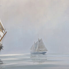 Barry Mason Oil on Canvas “Morning Mists Off Boston U.S. Clipper Flying Fish”