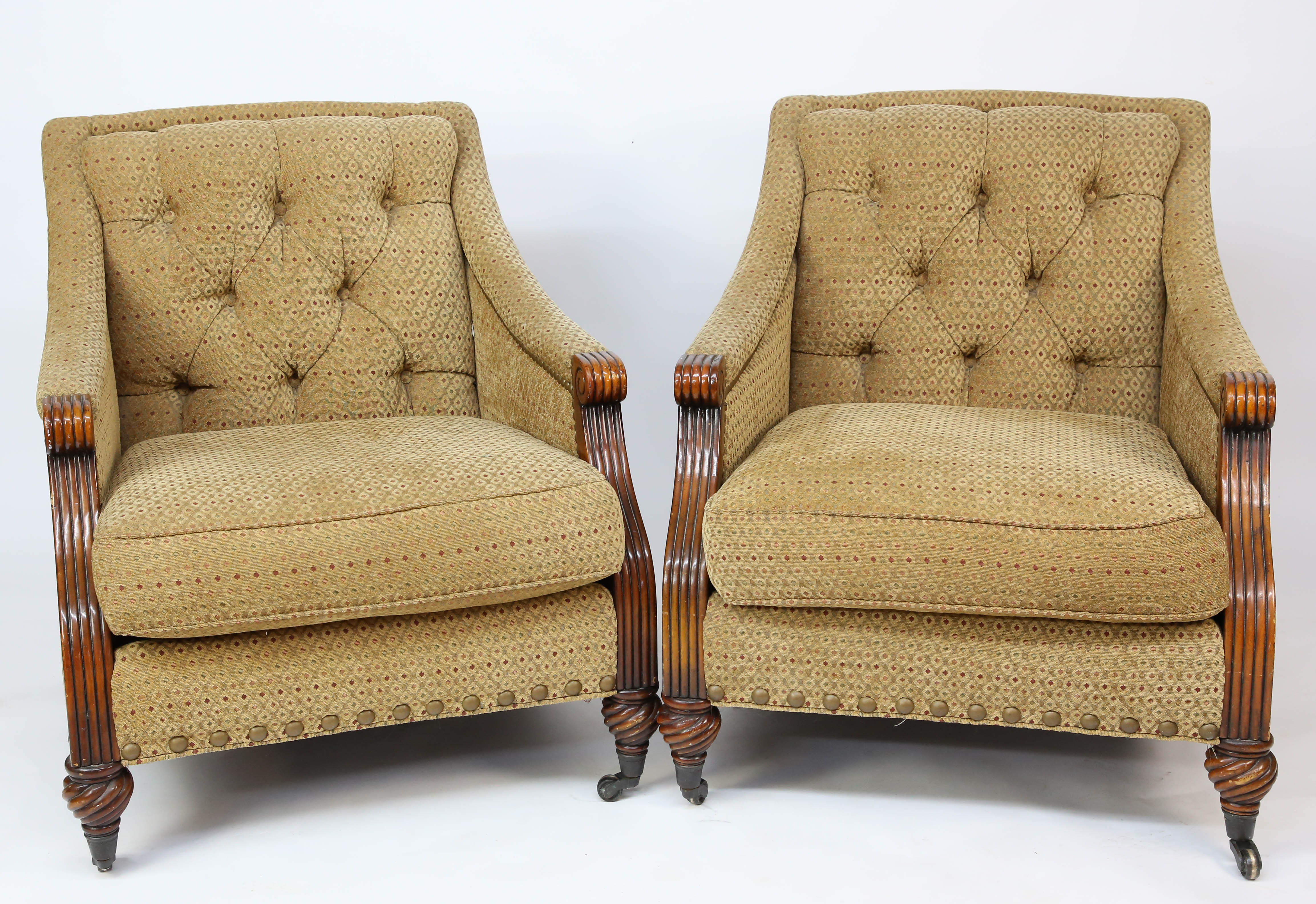 Pair of Carved Wood and Upholstered Club Chairs by Sherrill Furniture