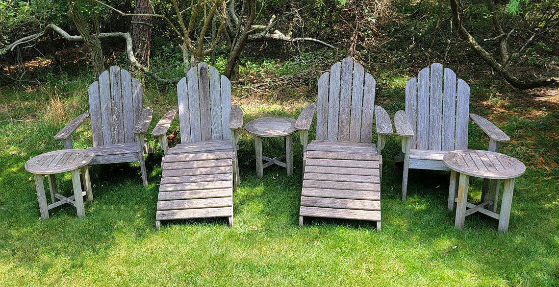 Four Kingsley Bates Teakwood Adirondack Chairs Two Ottomans and Three