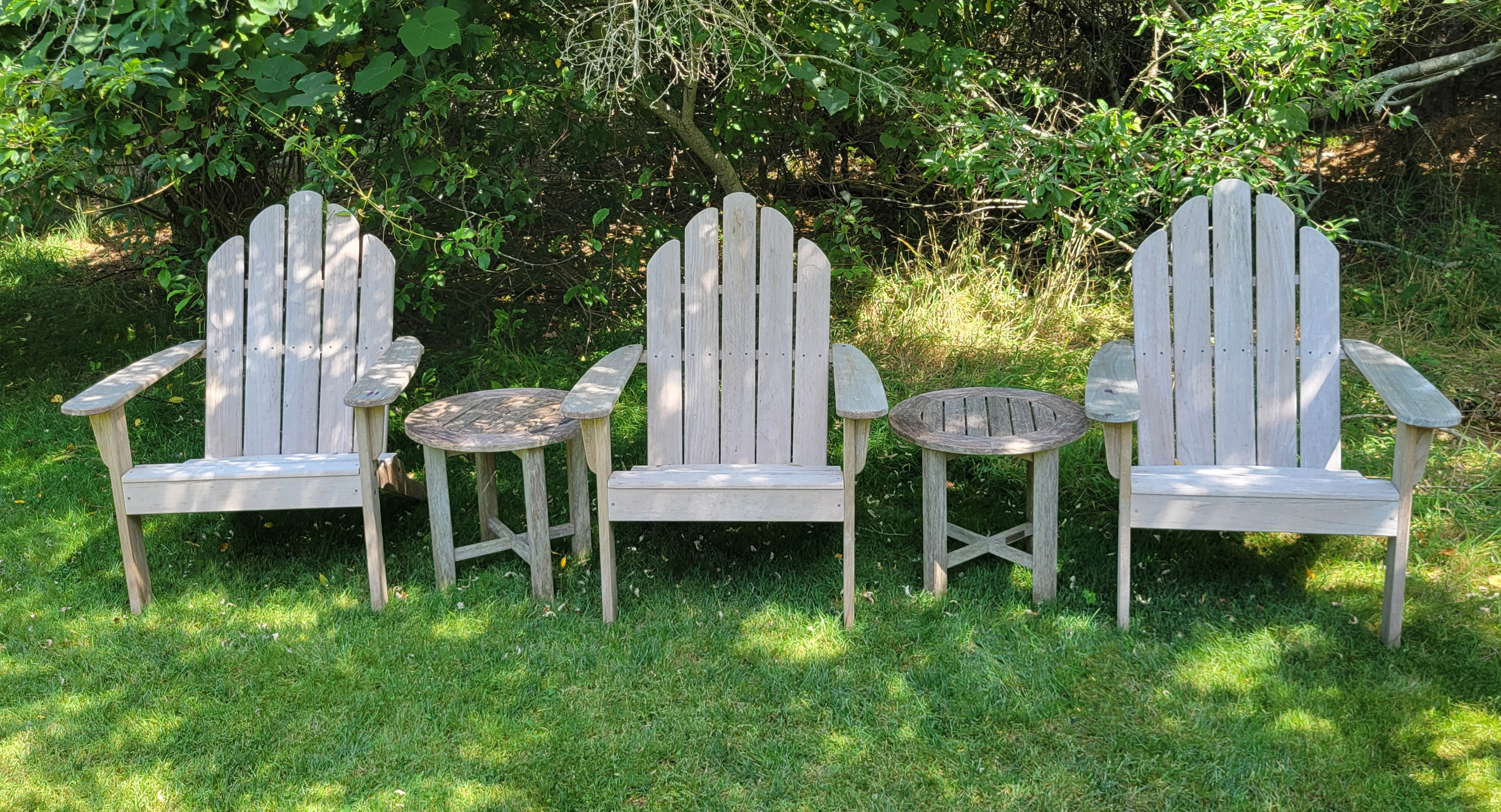 Three Kingsley Bates Adirondack Chairs and Two Round Side Tables