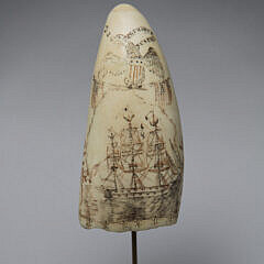 American Scrimshaw and Polychrome Antique Sperm Whale Tooth, mid 19th Century