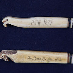 Set of Four Framed Whaleman Carved Bone Pipe Tamps, 19th Century