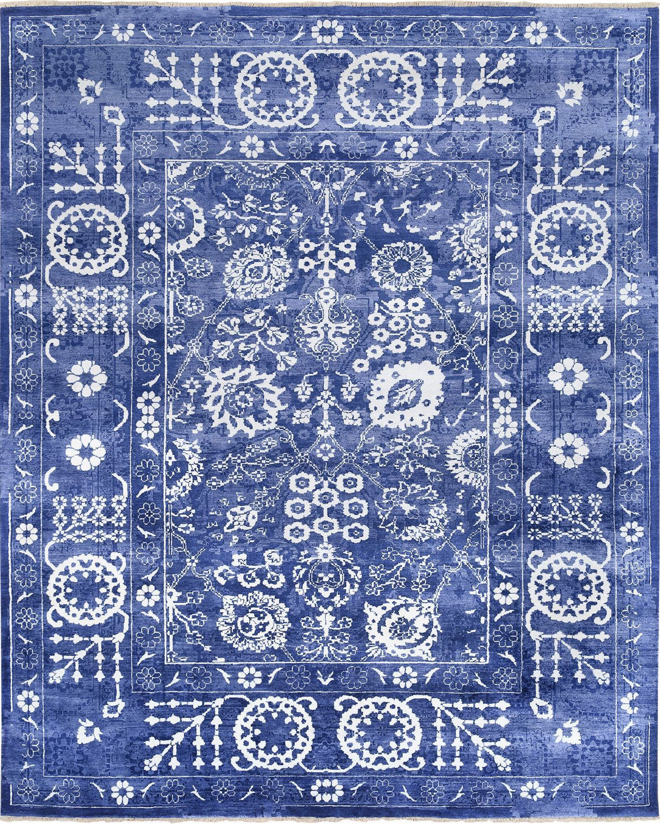 Hand Knotted Blue and White Wool and Silk Tabriz Oriental Rug Hand