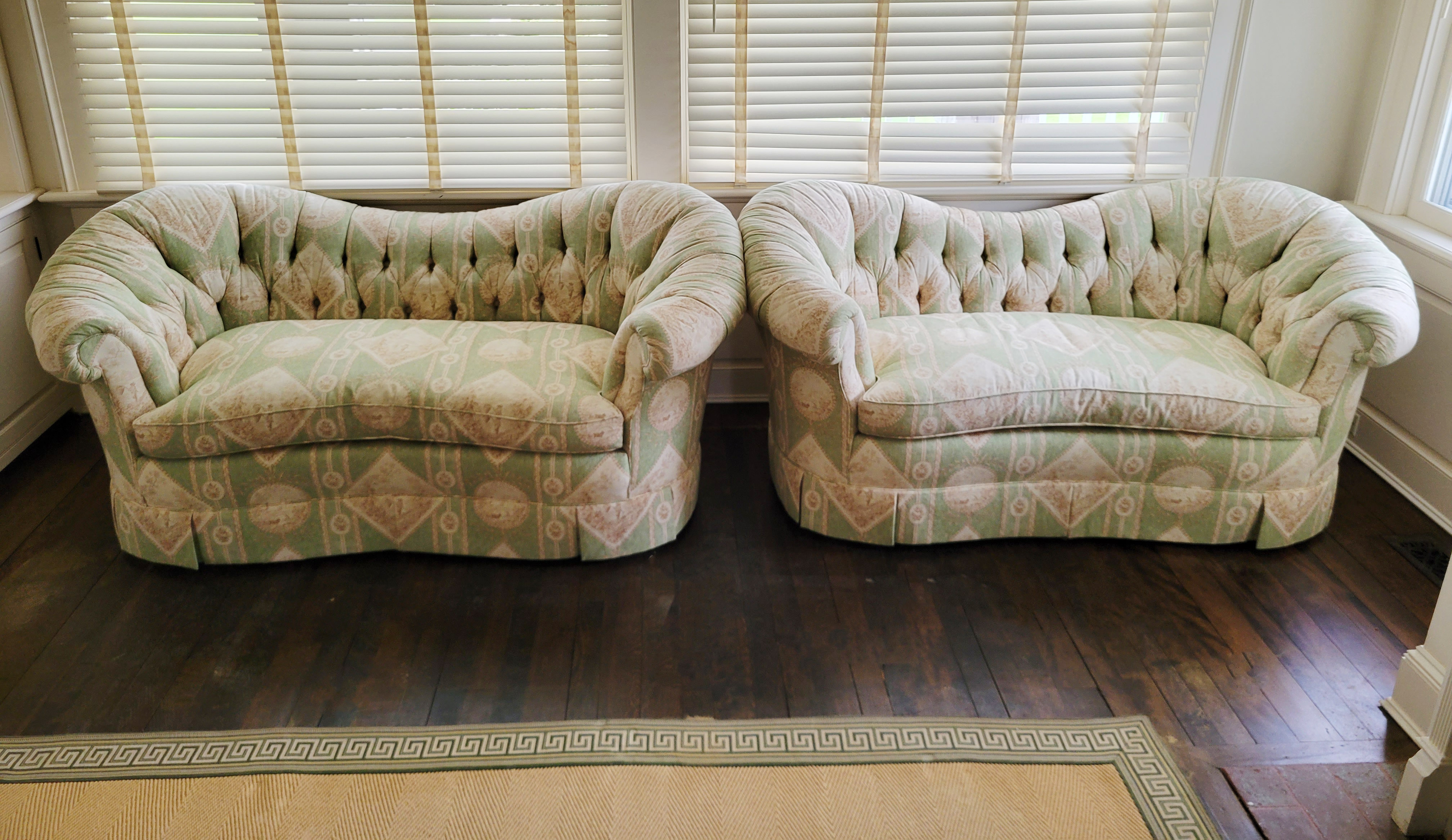 Pair of Baker Furniture Company Upholstered Love Seats Pair of Baker
