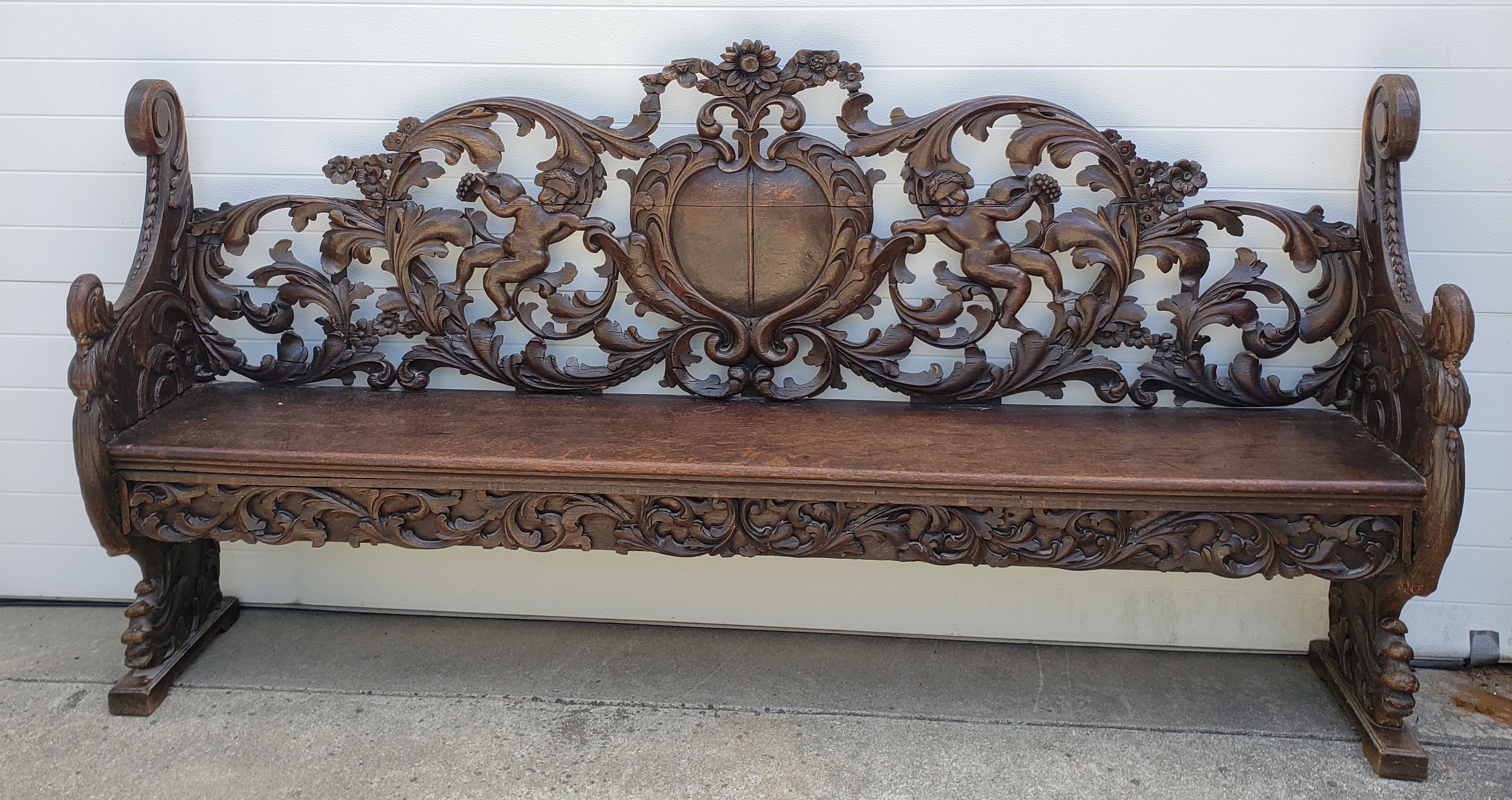 Antique English Oak Rococo Revival Hall Bench - Antique English