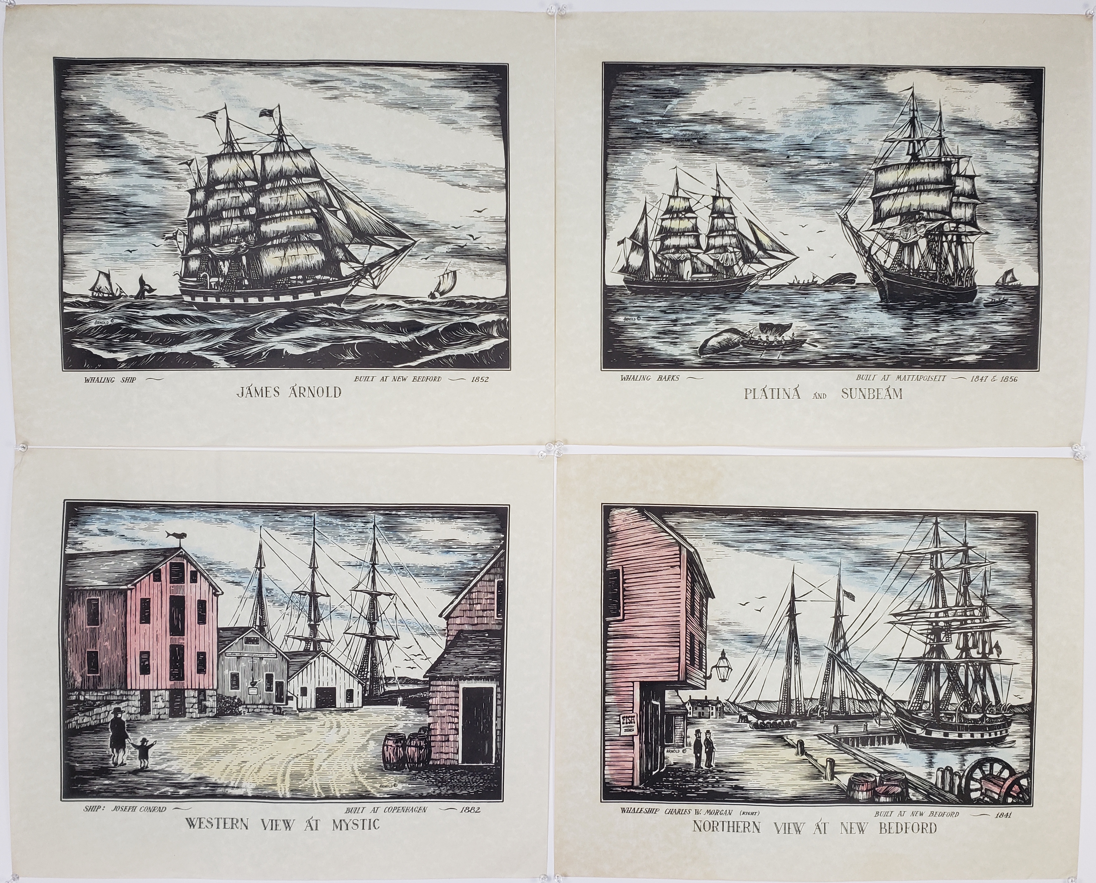 【中古】 勝海舟 Four Nautical Marine Whaling Woodblock Prints - Set of Four