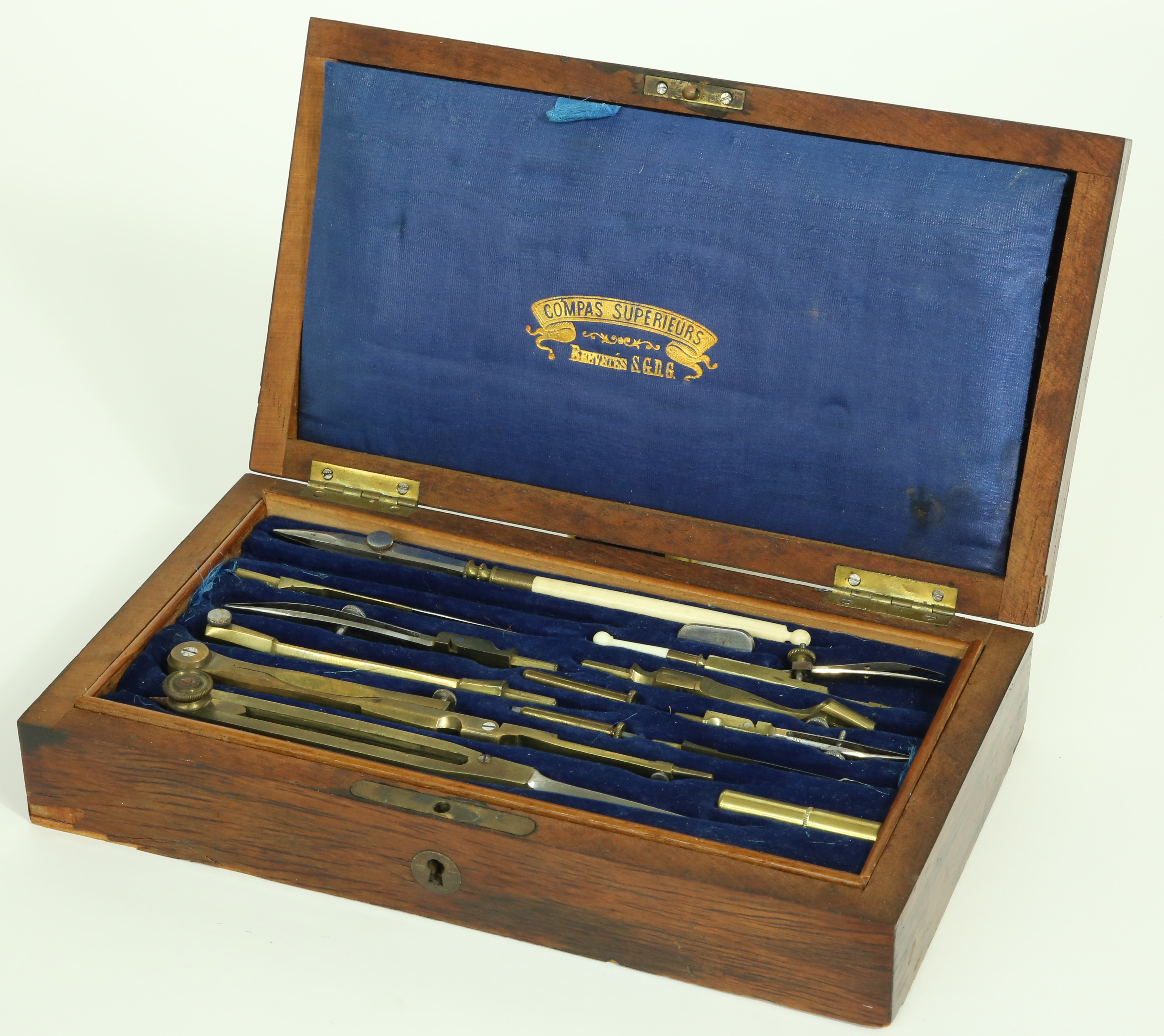 Compas Superieurs English Drafting Set in Fitted Mahogany Box 19th