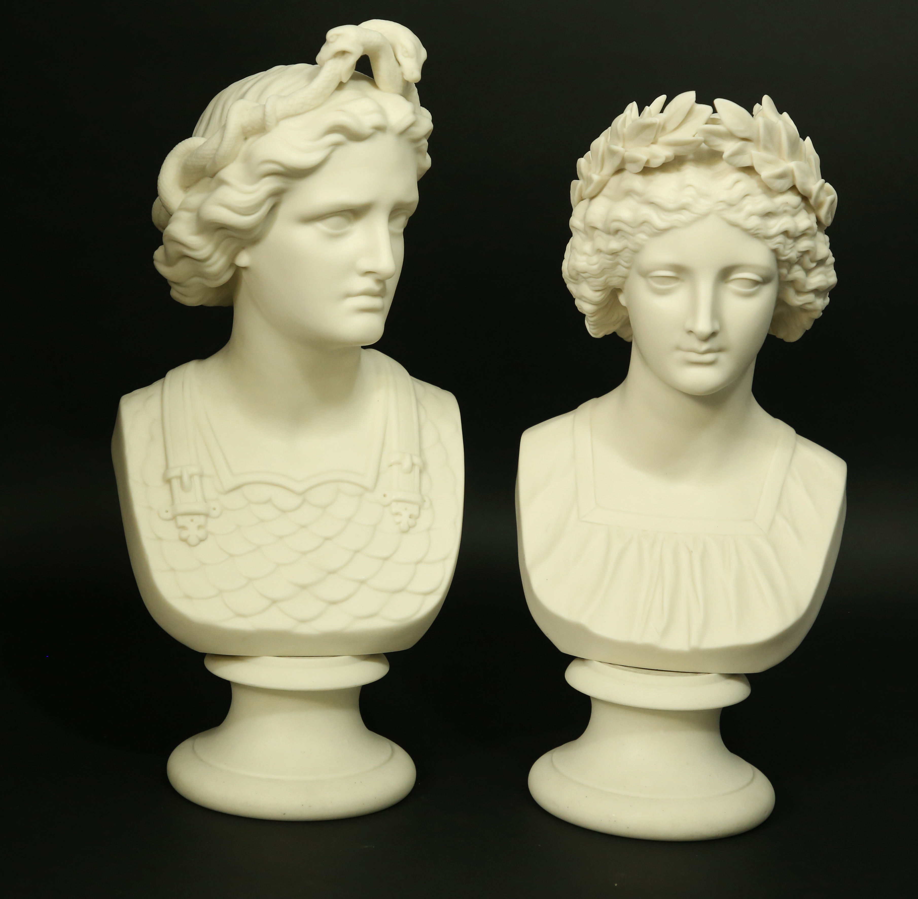 Pair of 19th Century Parian Porcelain Classical Busts of War and Peace