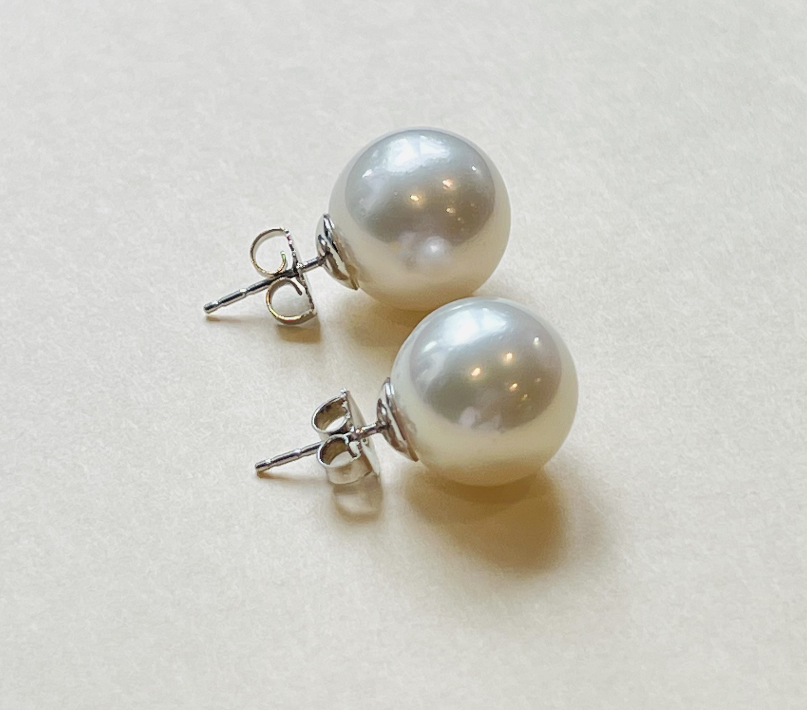 Pair of 13.5mm White South Sea Pearl Earrings 14k White Gold Posts and Backs Pair of 13.5mm