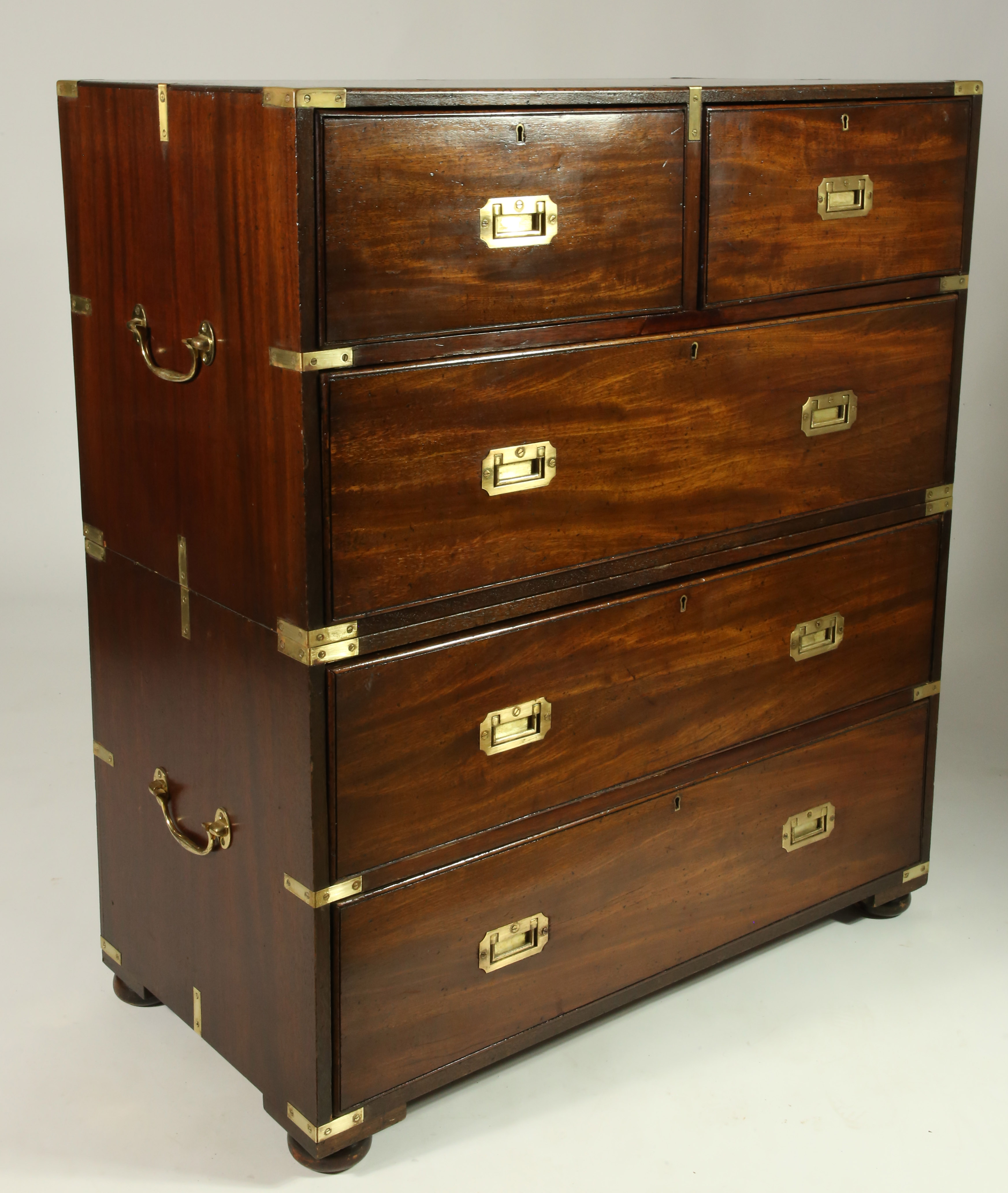 British TwoPart Brass Bound Mahogany Campaign Chest 19th Century