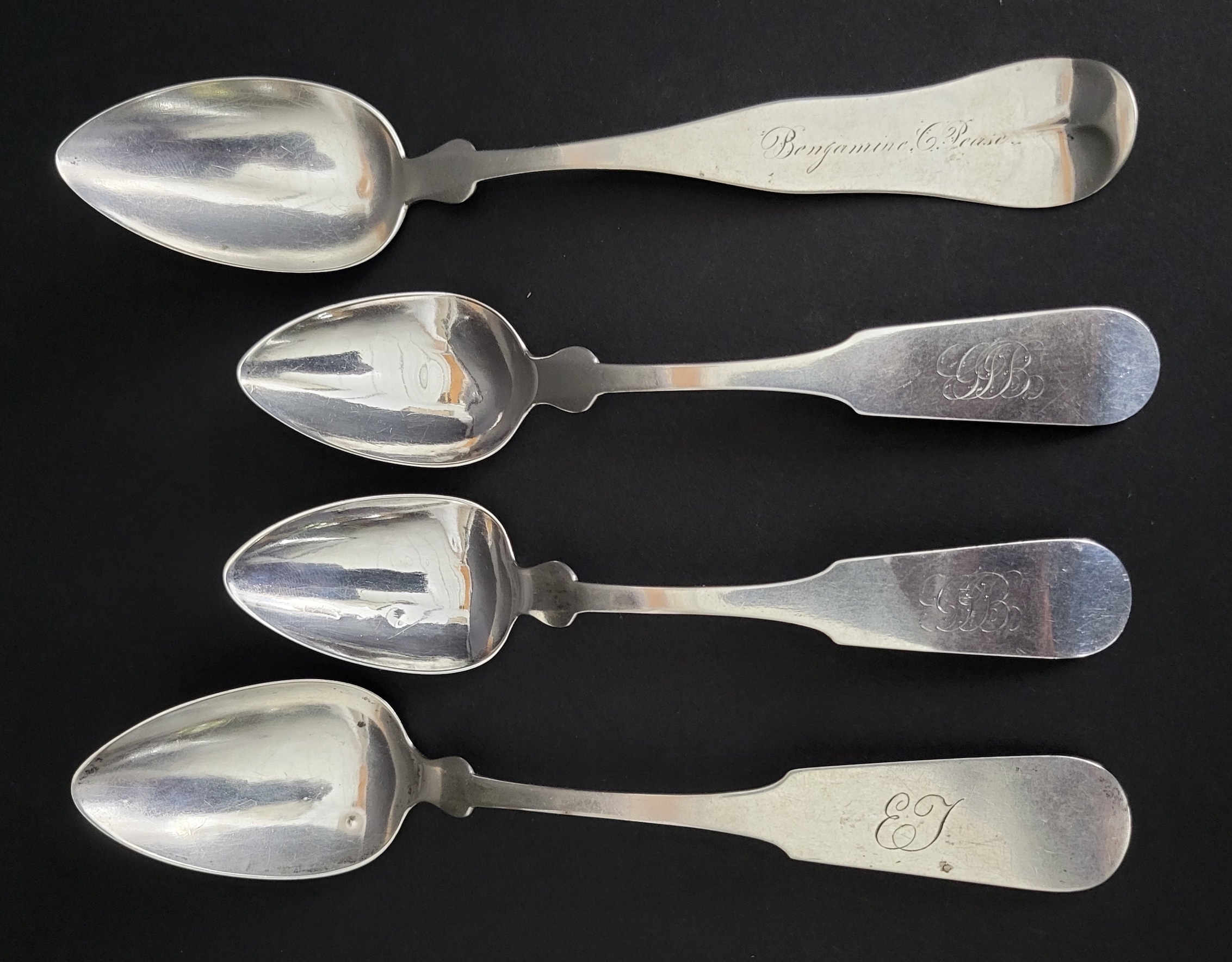 Four Antique 19th C. Nantucket Made Engraved Coin Silver Spoons Kelley
