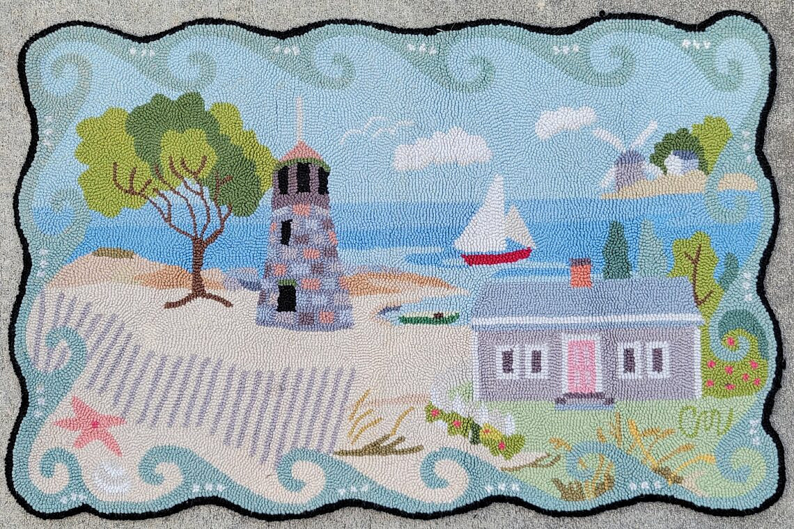 Vintage Claire Murray New England Coastal Scene Nautical Hooked