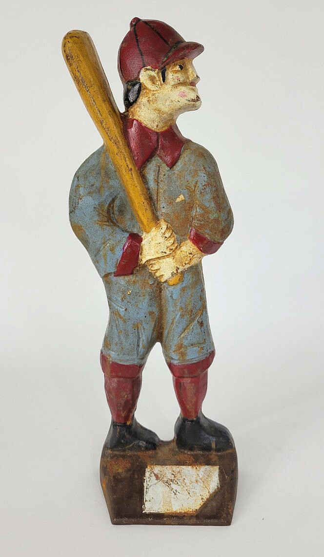 Large Vintage Painted Cast Iron Baseball Player Doorstop Large
