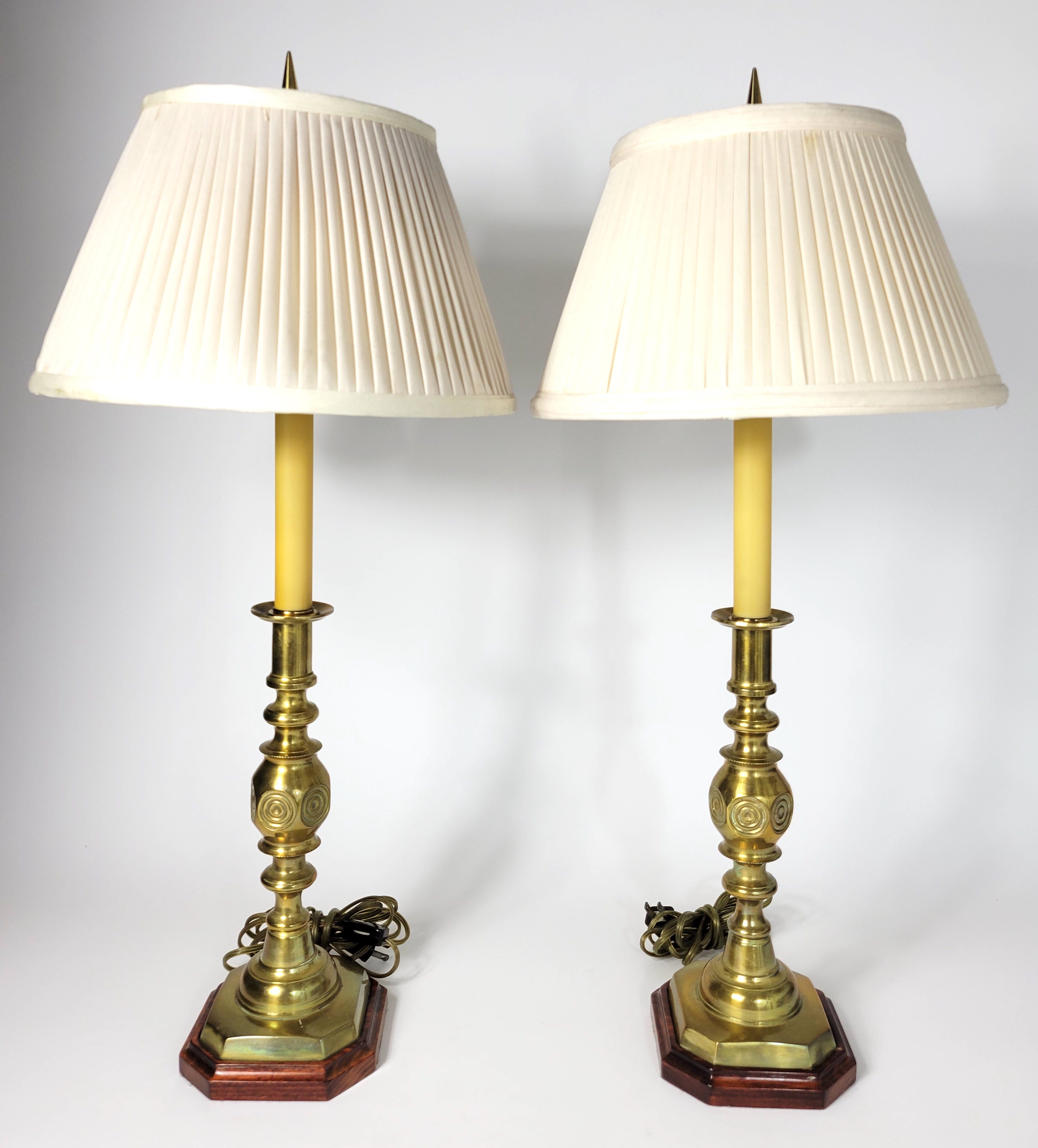 Pair of Custom 19th C. Brass Bullseye Candlestick Lamps Pair of