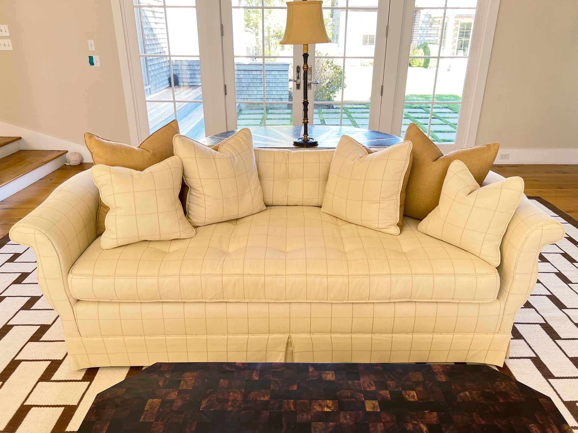 Custom Houndstooth Home Creme Upholstered Sofa and Six Pillows Custom