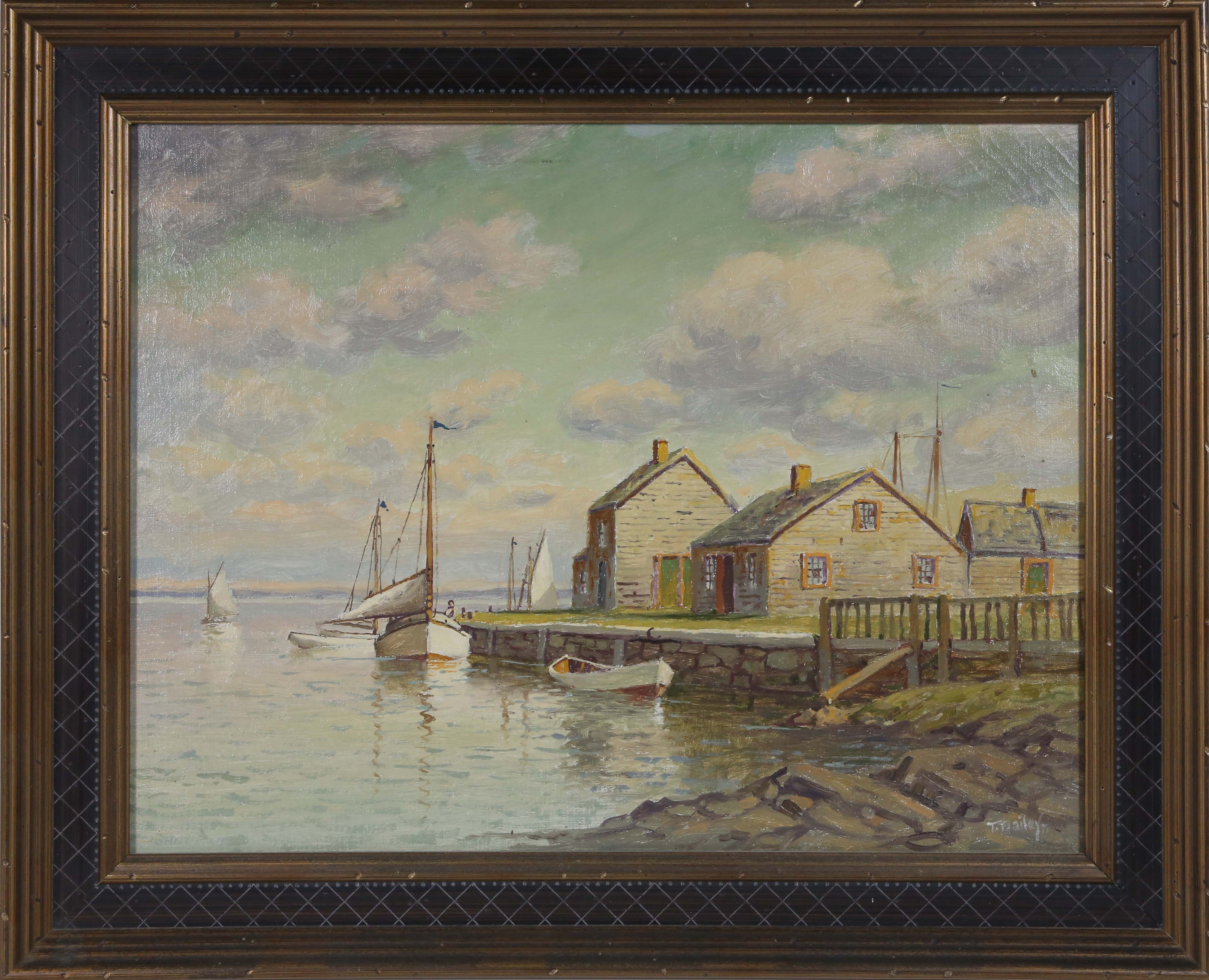 T. Bailey Oil on Canvas Wharf Nantucket" T. Bailey Oil on