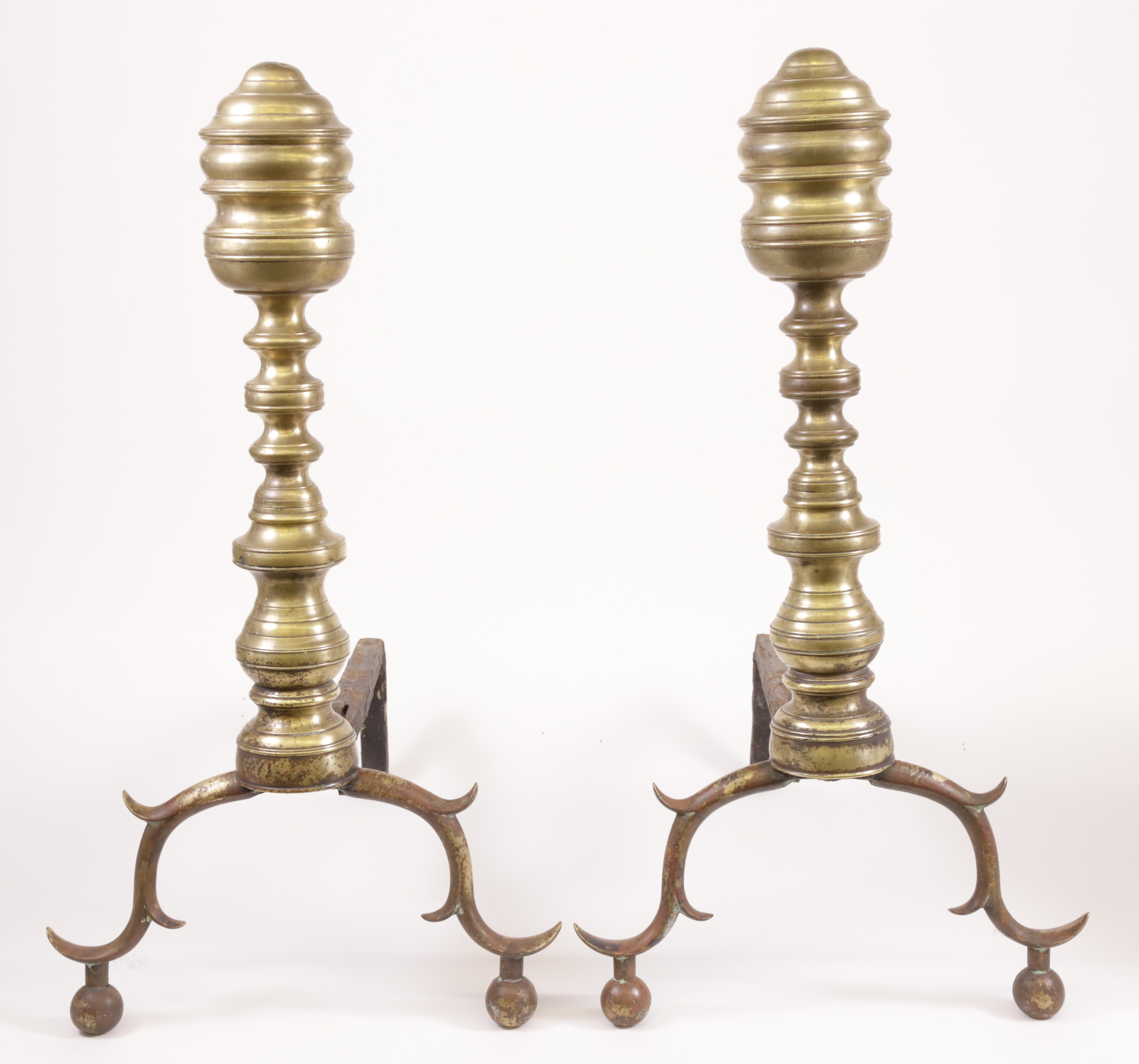 Pair of Period MultiTurned Brass Andirons 19th Century Pair of