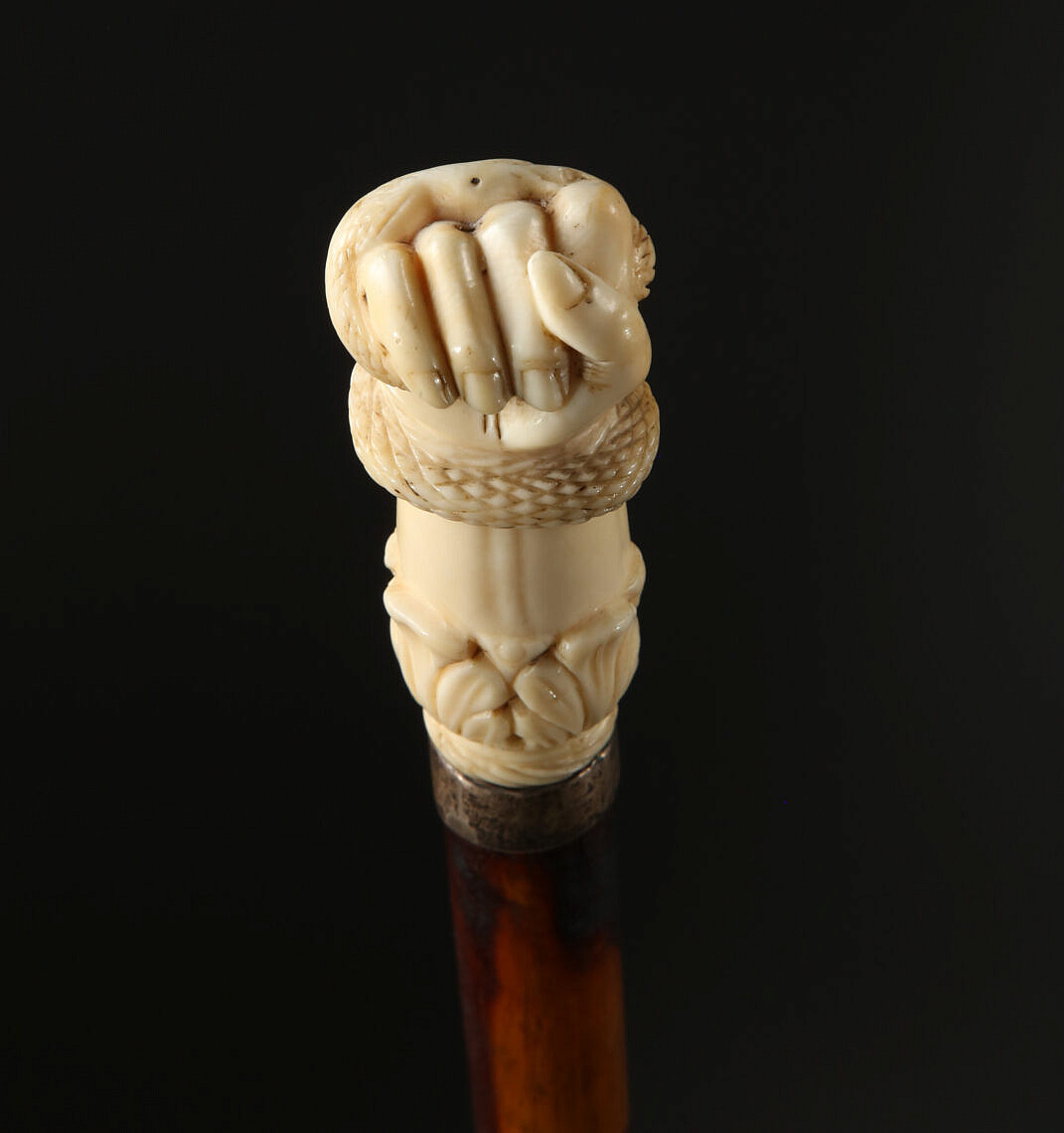 Whaleman Made Clenched Fist and Serpent Walking Stick circa 1850