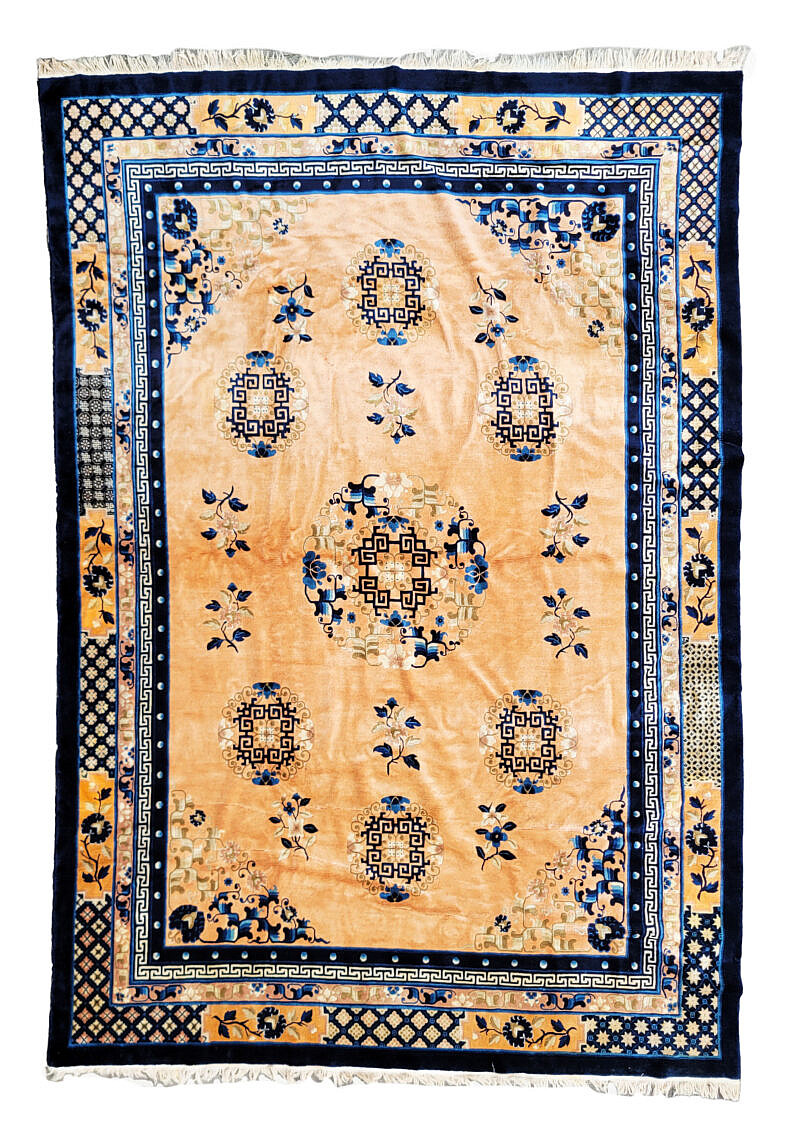 Vintage Peking Chinese Carpet in royal blue and salmon hues Vintage