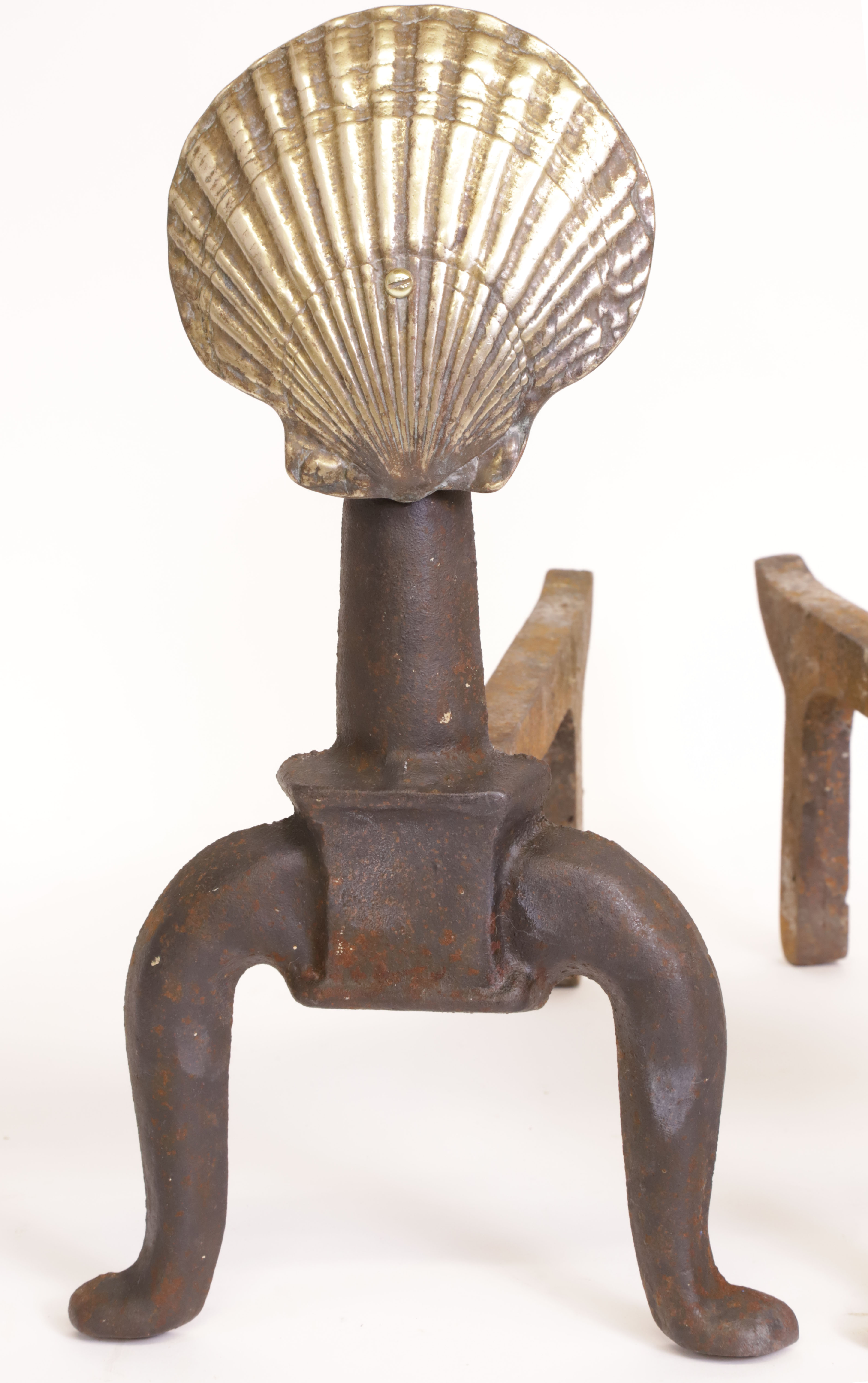 Pair of Vintage Cast Iron and Brass Scallop Shell Andirons Pair of