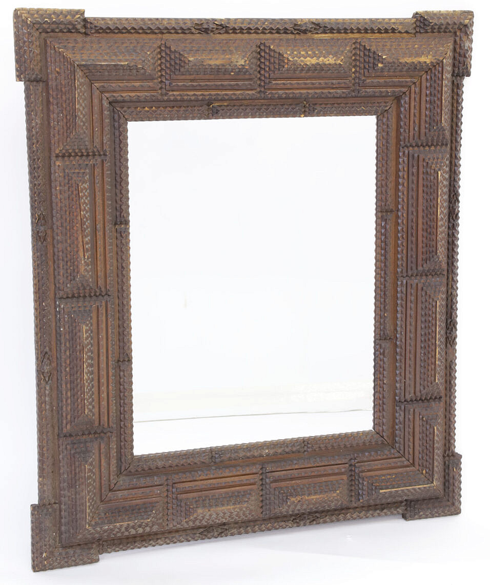 Vintage Tramp Art Carved Wood Frame with Mirror Vintage Tramp Art