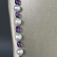 14k Yellow Gold, Amethyst and White Fresh Water Pearl Necklace