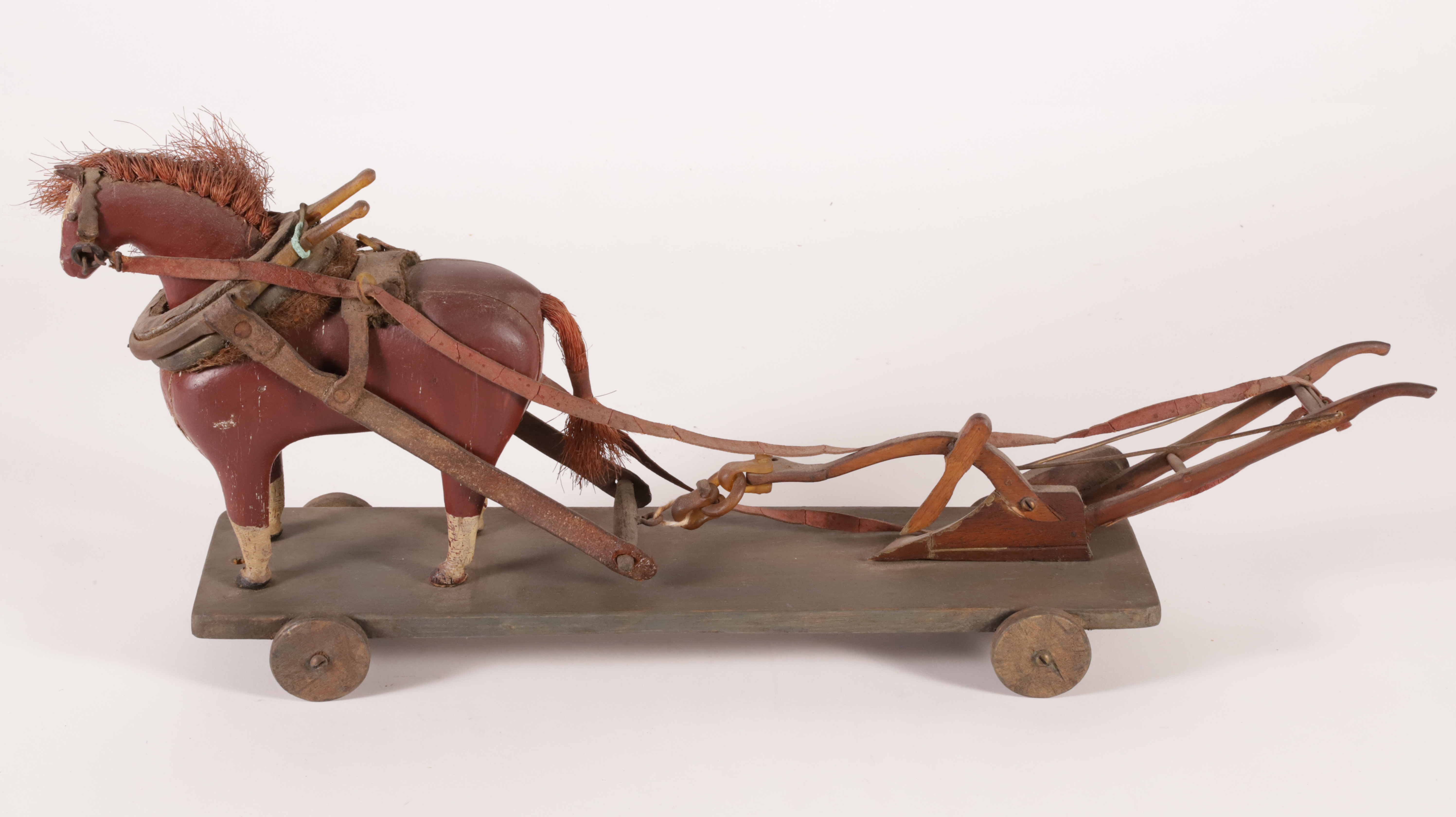 Painted Wood and Leather Horse and Plow Pull Toy 19th Century - Painted ...