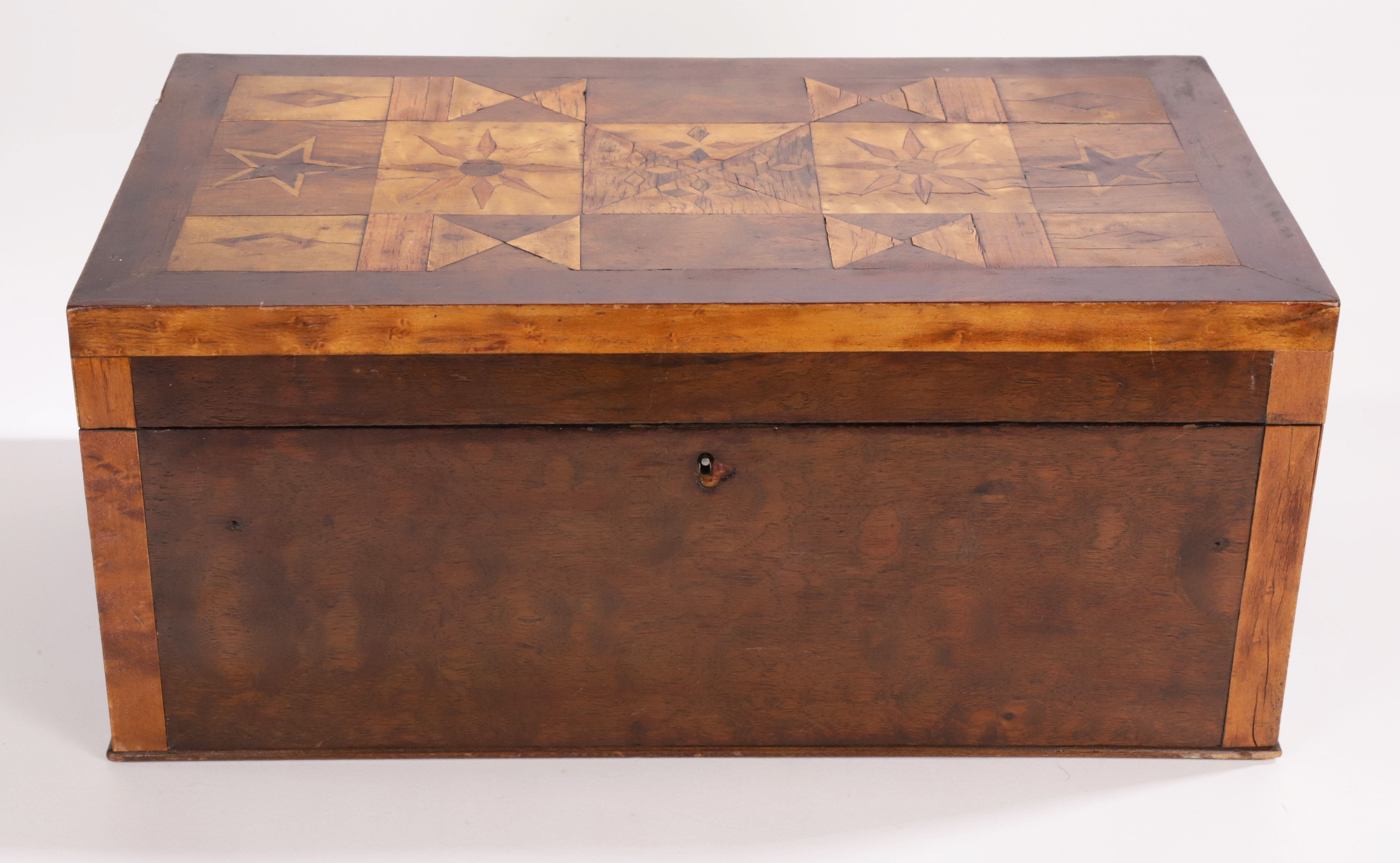 Antique 19th Century New England Folk Art Multiwood Inlaid Jewelry Box