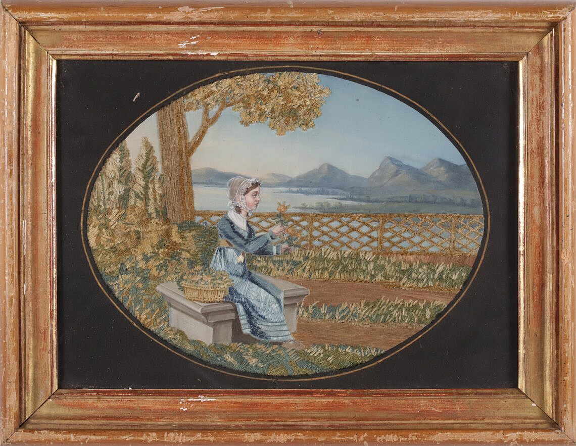 19th Century French Watercolor and Needlework Picture of a Young Girl in a Garden Circa 1828