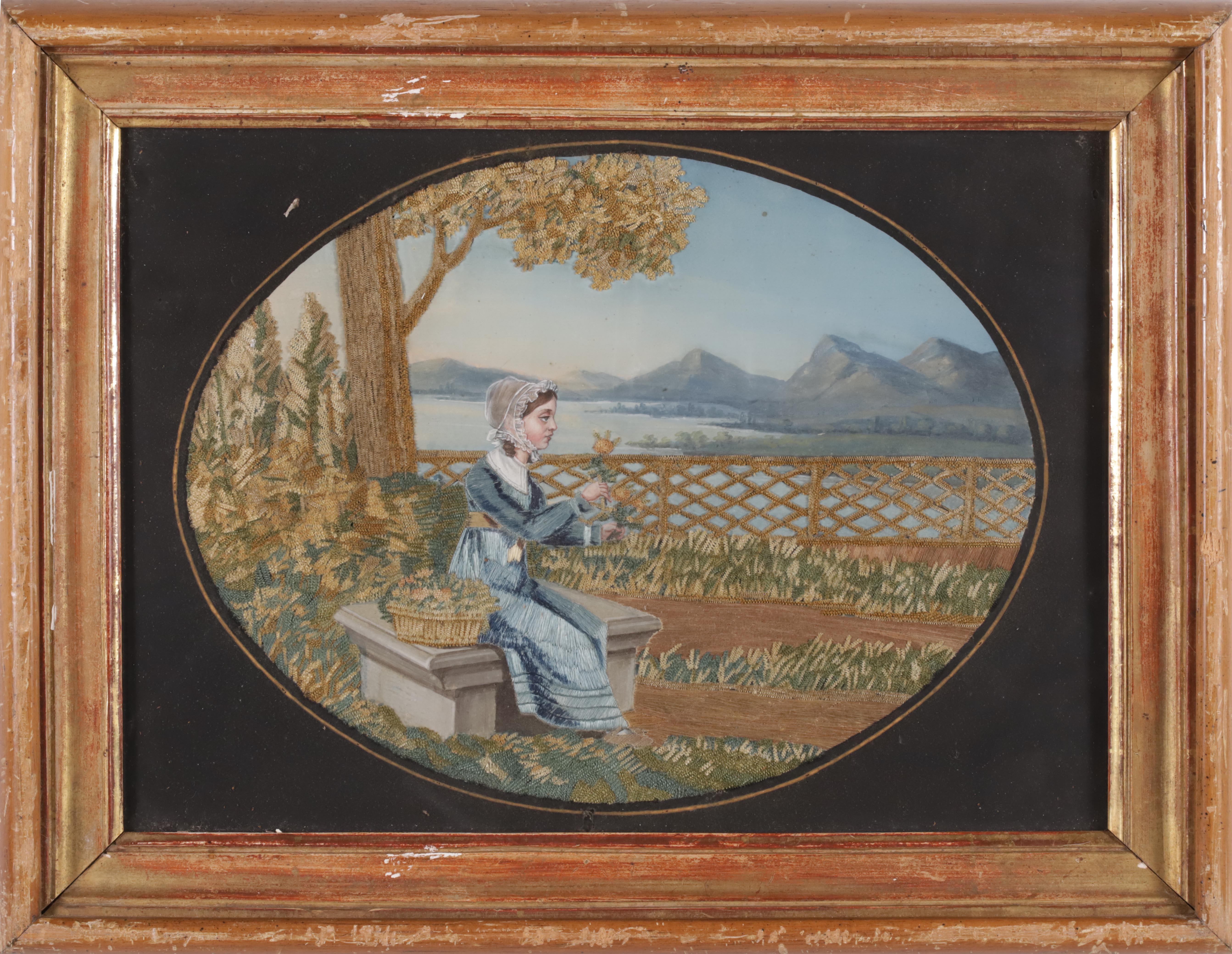 19th Century French Watercolor and Needlework Picture of a Young Girl