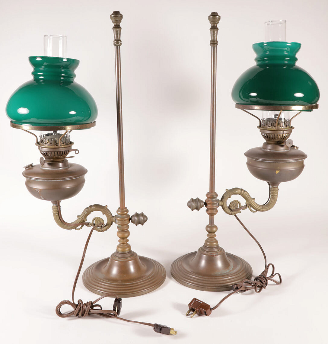 Pair of Emerald Green Glass Shaded Patinated Metal Paraffin Lamps Late