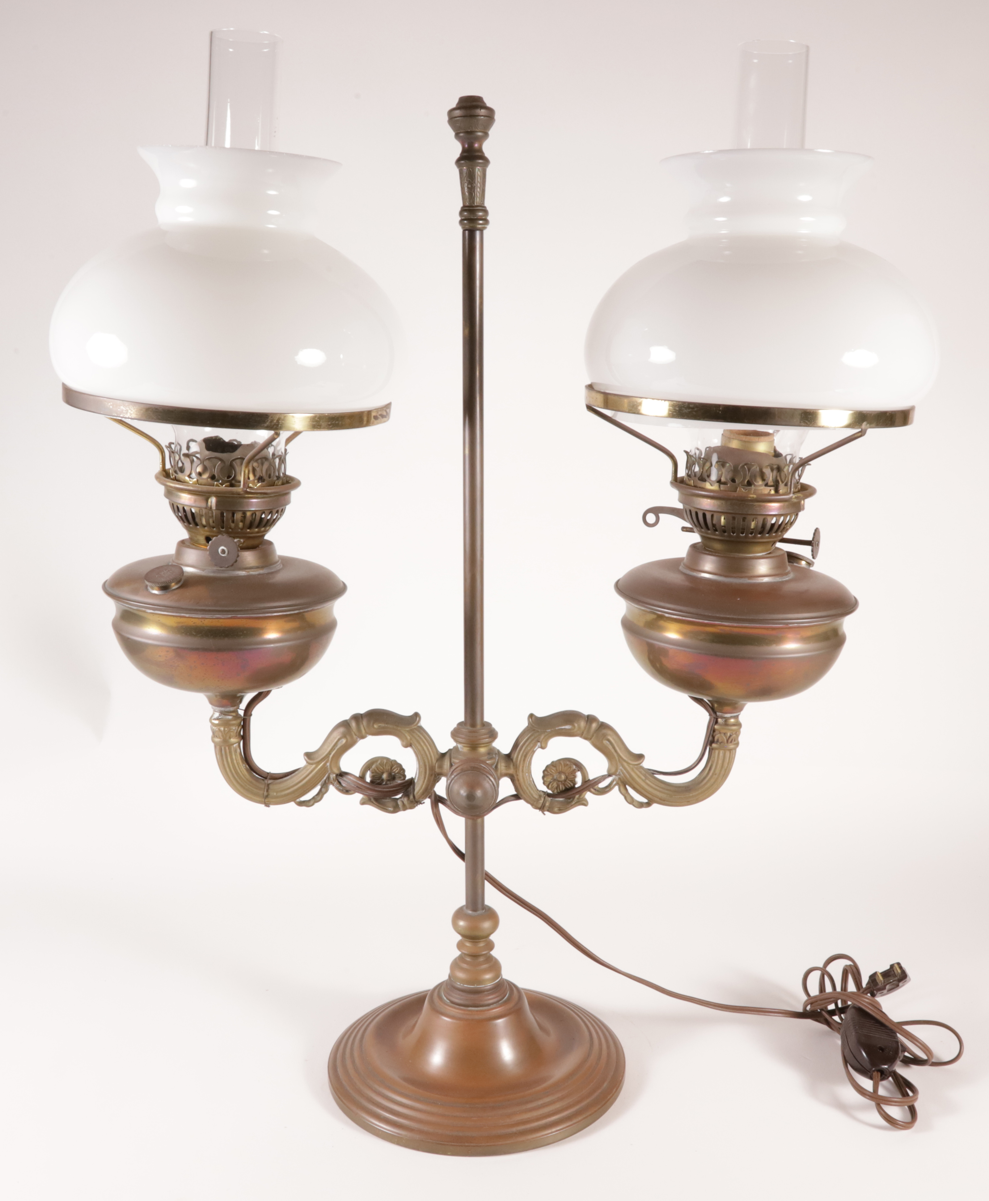 Milk Glass Shaded Patinated Metal Paraffin Lamp Late 19th Century