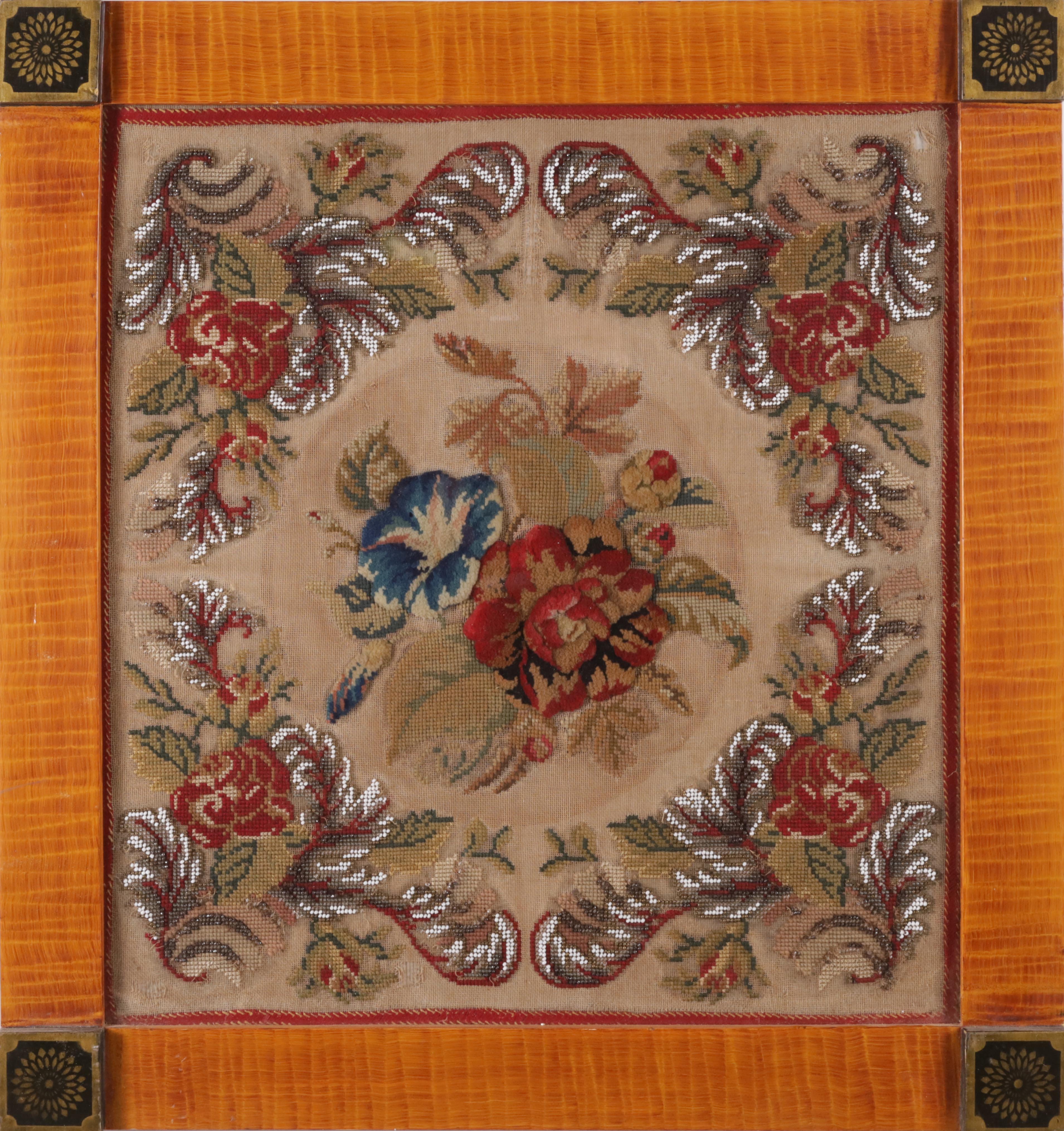 19th Century C Puff Wool and Bead Work Floral Picture By Harry Hilbert