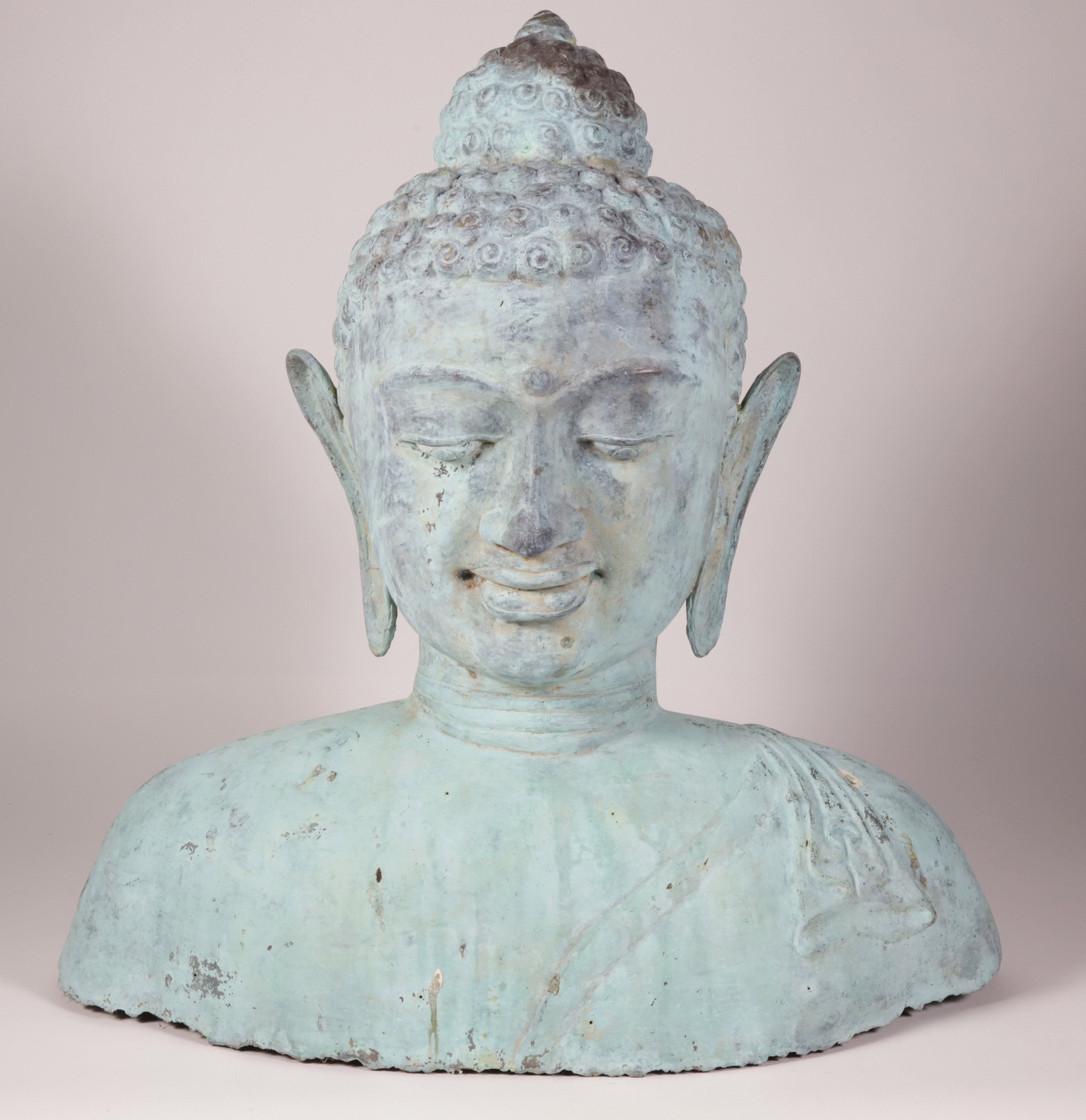 Southeast Asian Verdigris Patinated Bronze Head of Buddha 20th Century