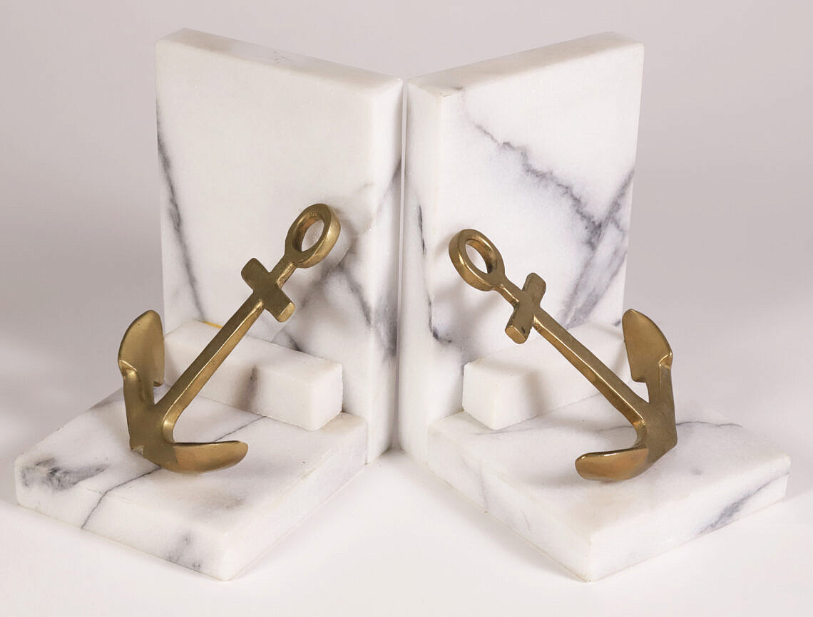 Marble and Brass Anchor Bookends Pair of Vintage Marble and Brass