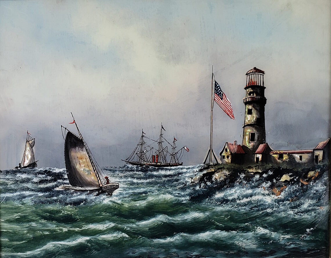 Antique Lighthouse Reverse Painting on Glass Antique Reverse Painting