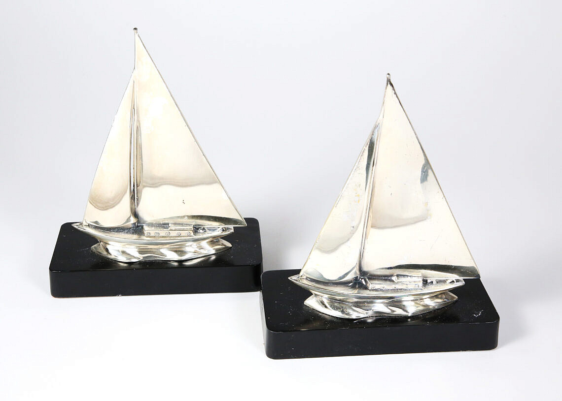 Pair of P.M. Sailboat Bookends Pair of Nickel Plated P.M. Sailing