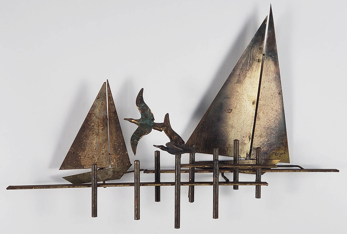 アンティーク雑貨 US VINTAGE C.Jere YACHT Brass Sculpture C. Curtis Jere SIGNED Vtg Copper Sailboat Sculpture MCM Mid