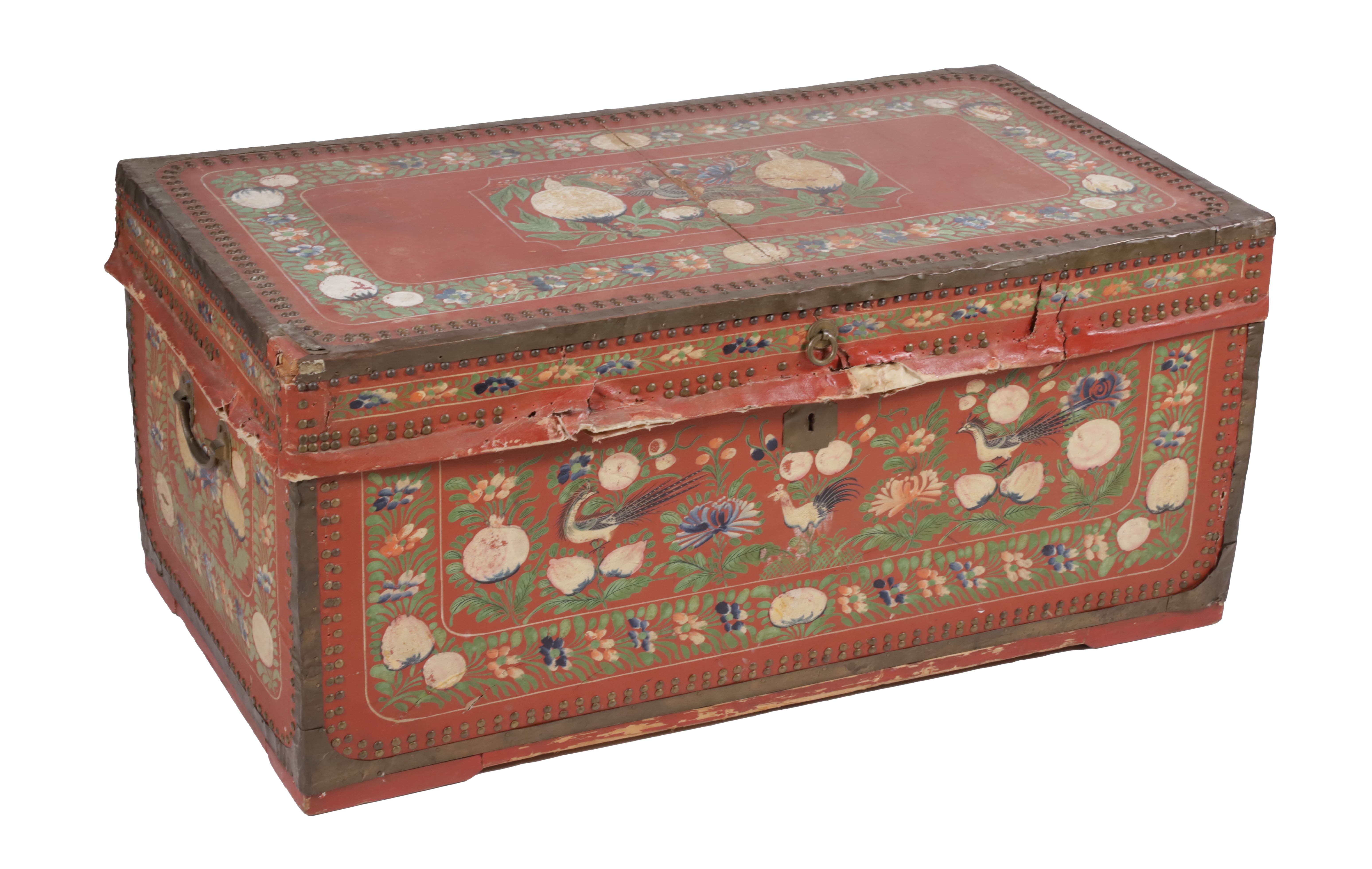 Chinese Export Painted Canvas Covered Camphorwood Trunk 19th Century