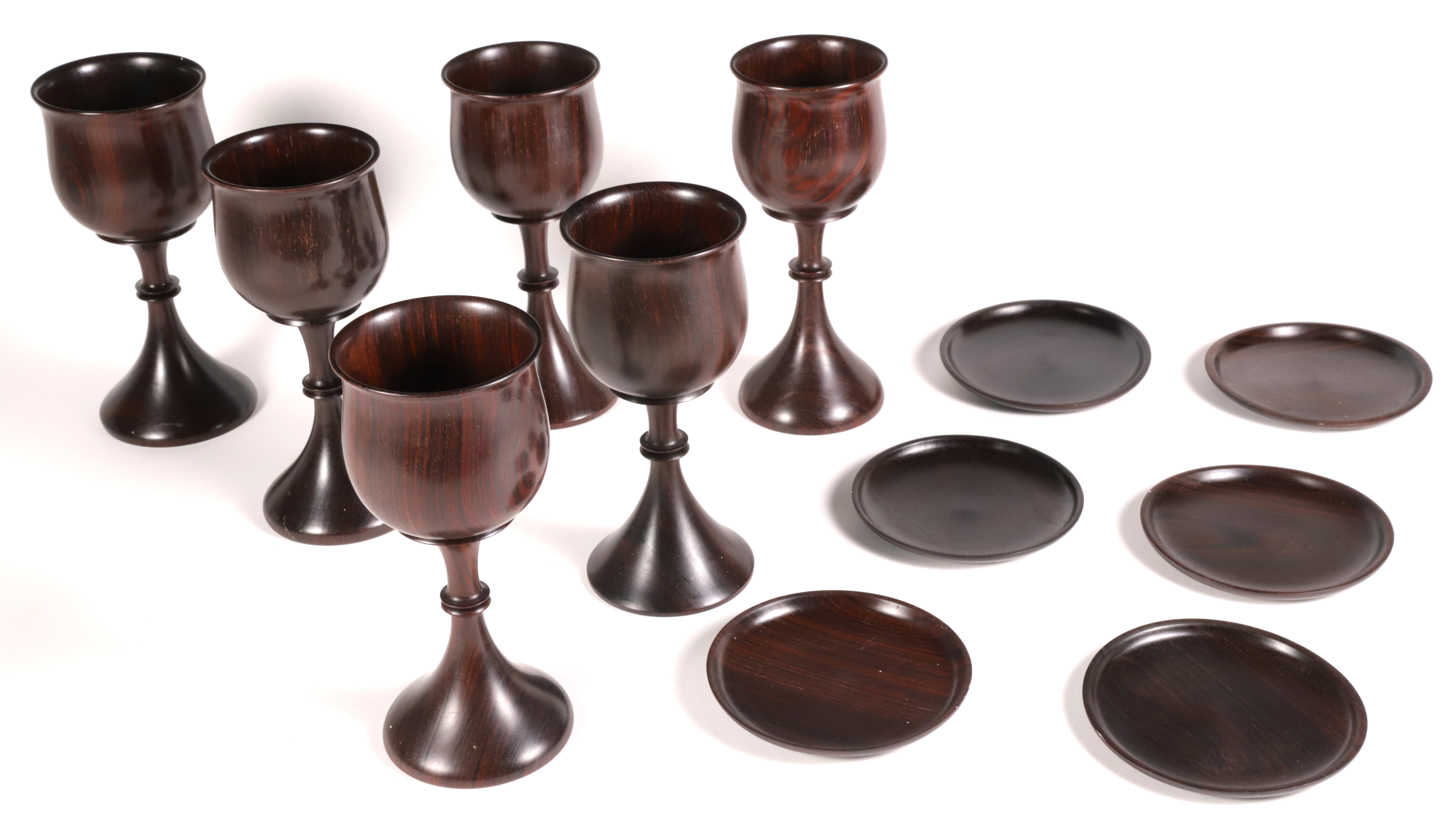 Set of Six Rosewood Goblets and Underplates