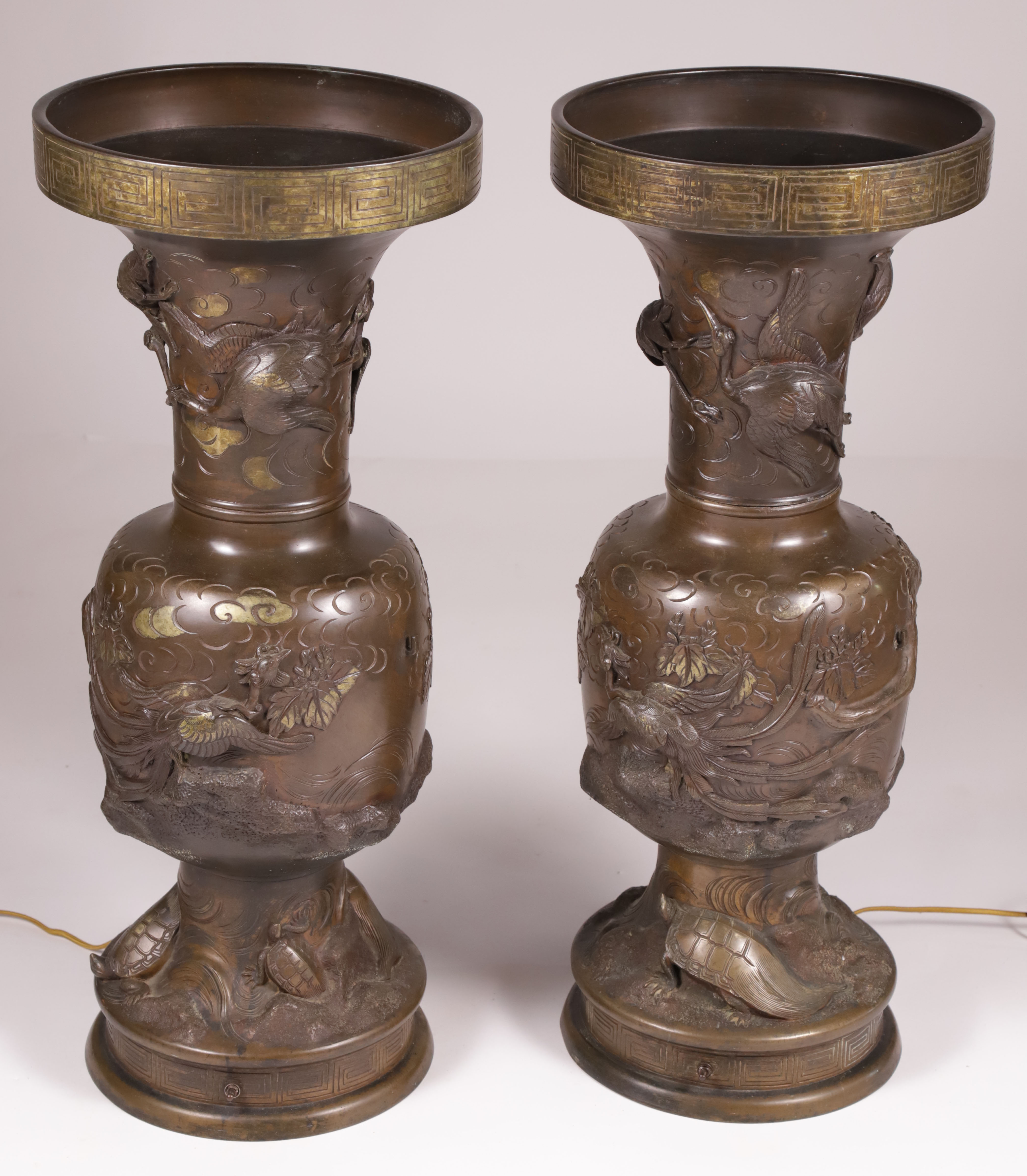 Pair of Chinese Bronze Urns Converted to Lamps