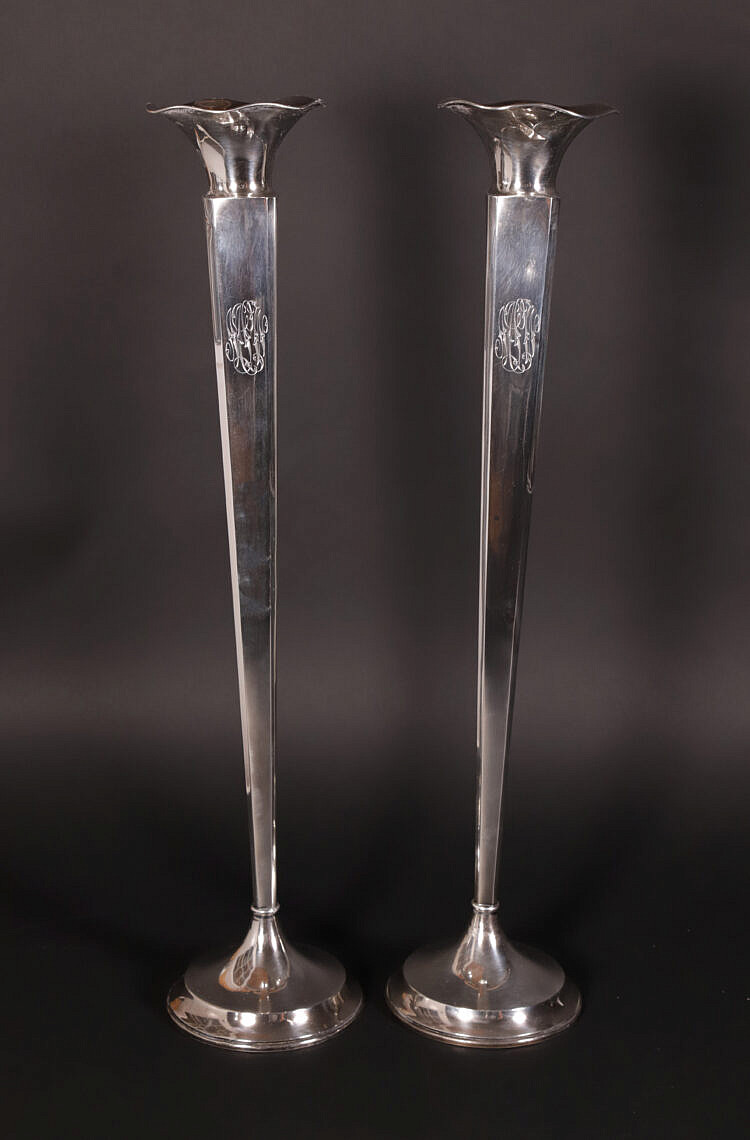 Pair of Sterling Silver Tall Trumpet Vases Pair of Sterling Silver