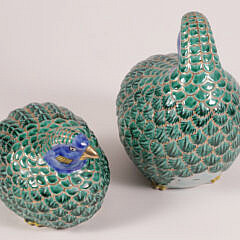 Pair of Japanese Polychromed Glazed and Gilt Porcelain Models of Partridges