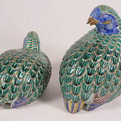 Pair of Japanese Polychromed Glazed and Gilt Porcelain Models of Partridges