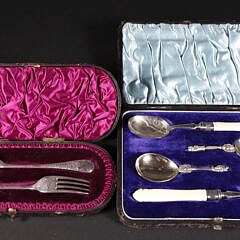 Boxed Set Silver Plated Spoons and Boxed Silver Plated Engraved Spoon and Fork 19th Century